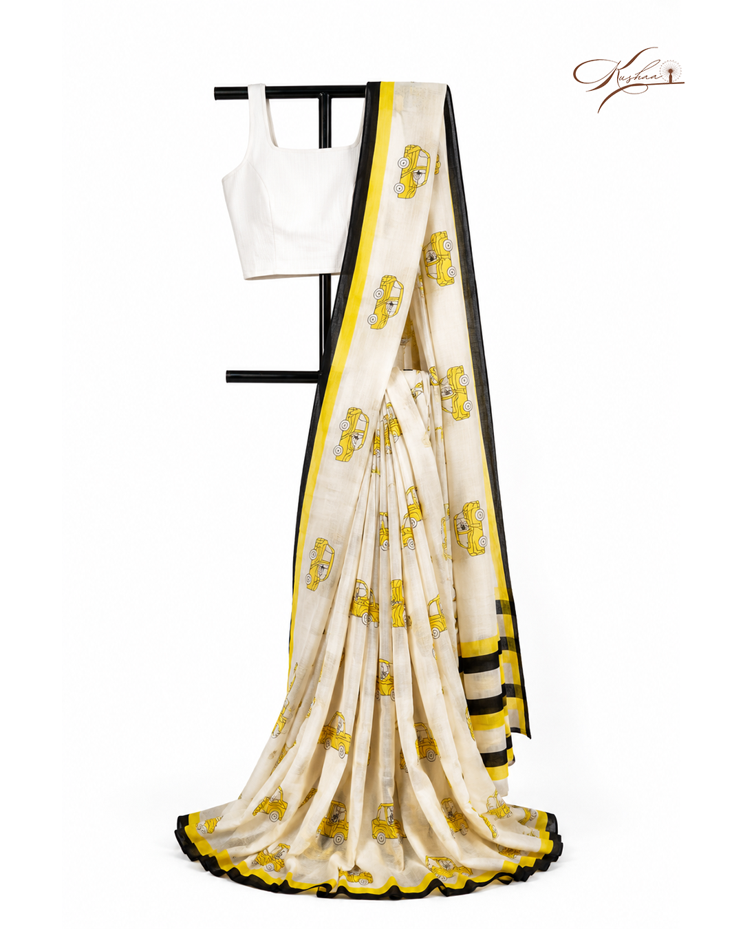 Stylish Off-White Mulmul Saree with Yellow Car Print & Striped Border