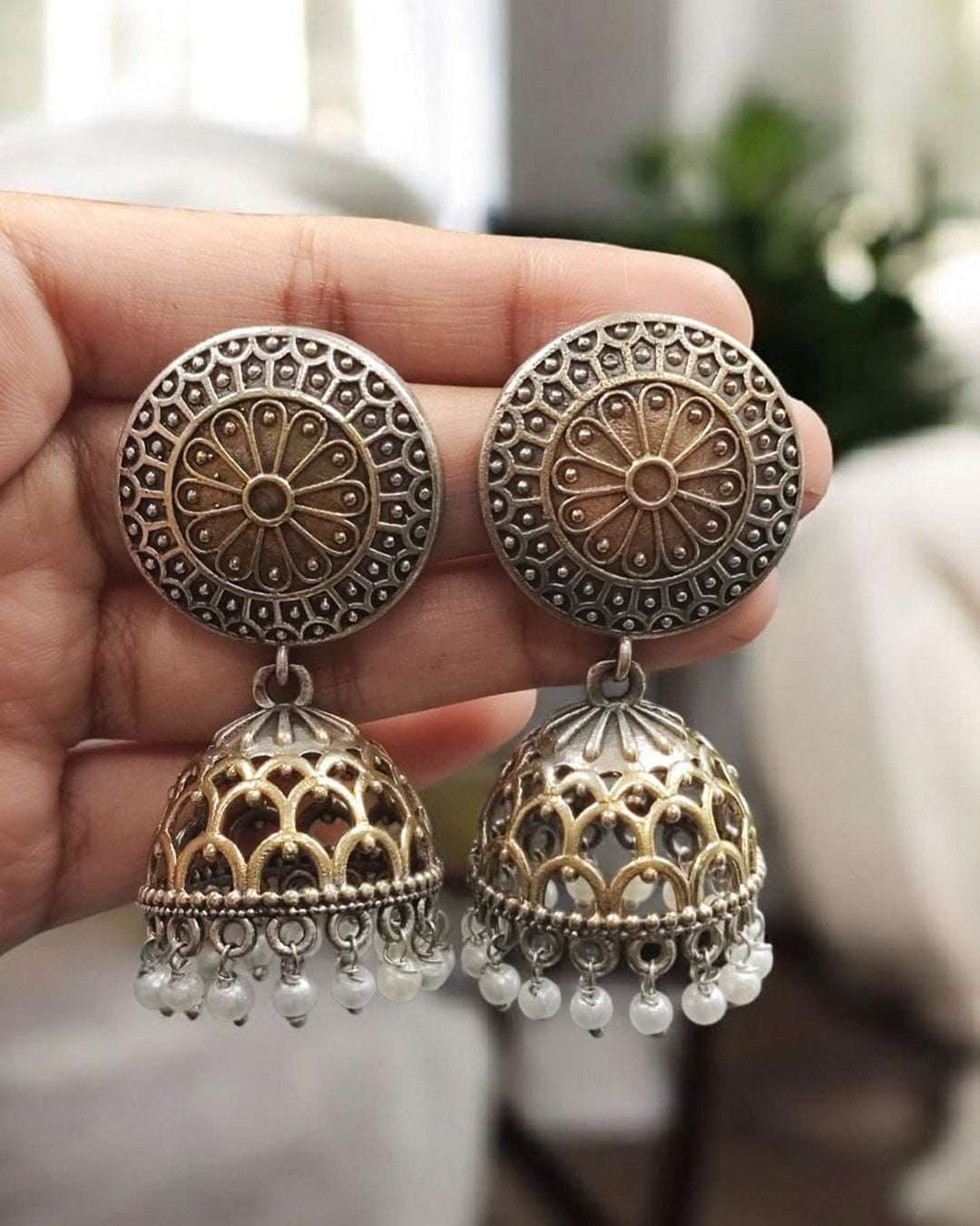 Handcrafted Two-Tone Jhumka Earrings | Pearl Work Traditional Beautiful Jewelry Gift For Her