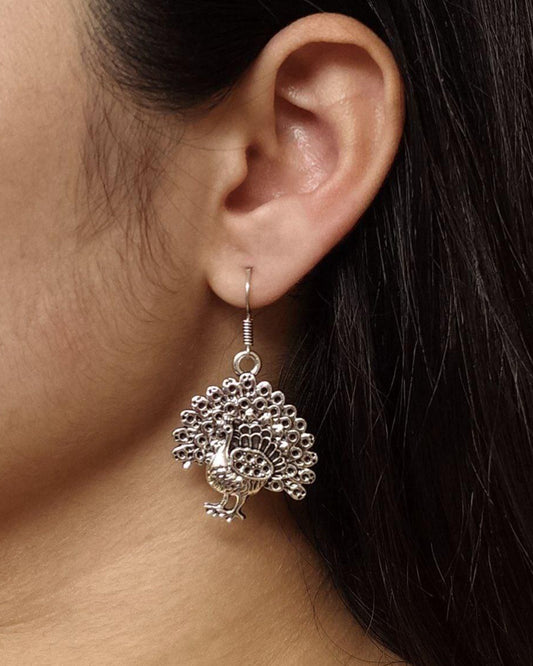 Stylish German Silver Best Peacock Dangler Earrings | Oxidized Hook Daily Wear Jewelry for Girls