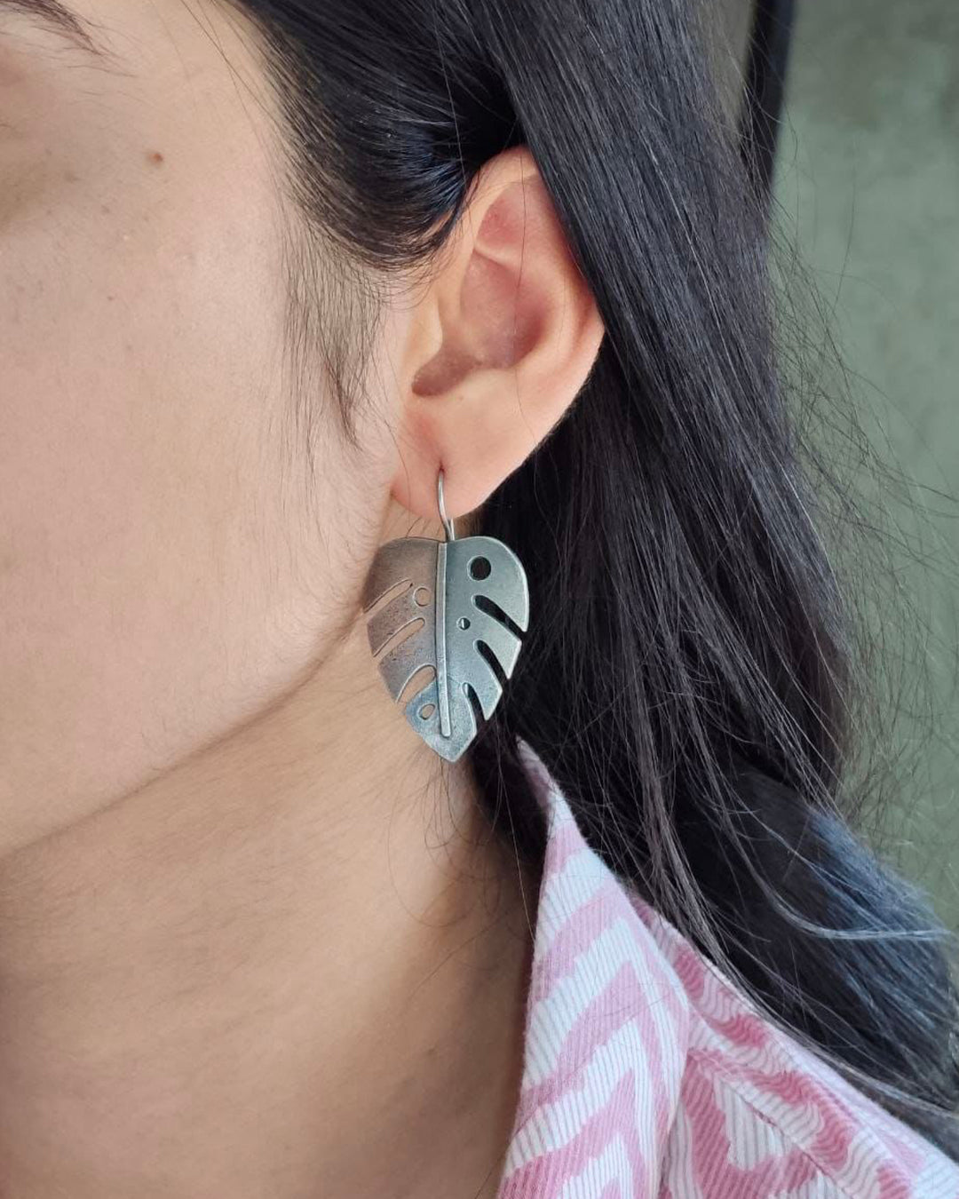 Trendy Oxidized Monstera Leaf Earrings | Nature Inspired Silver Replica Hook Jewelry