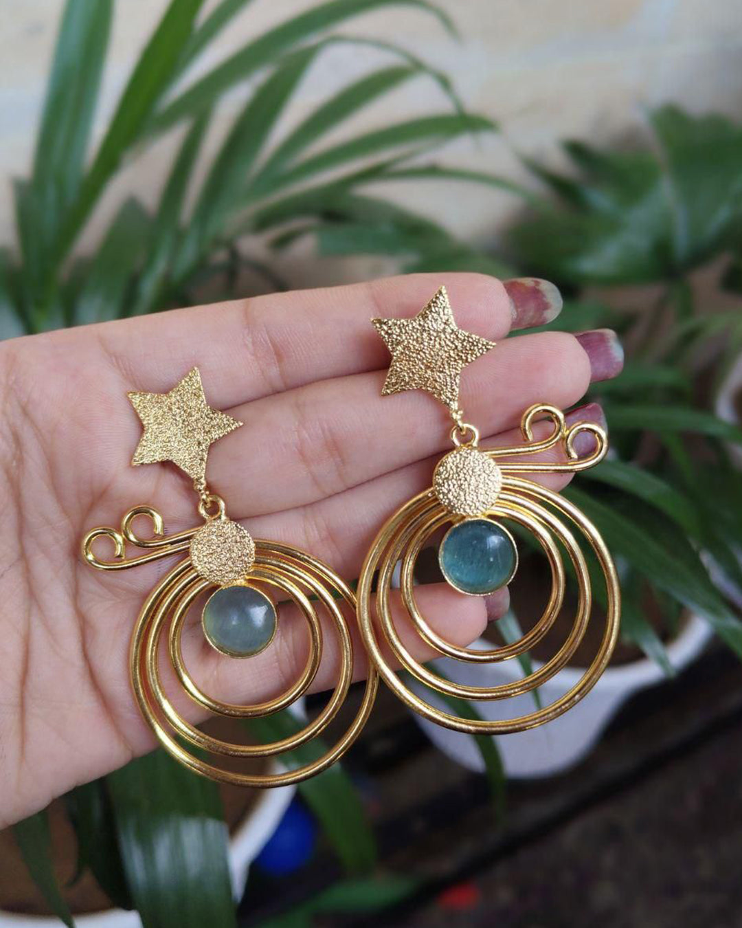 Unique Design Star Earrings | Gold Plated Geometric Stone Dangler Jewelry Gift For Her