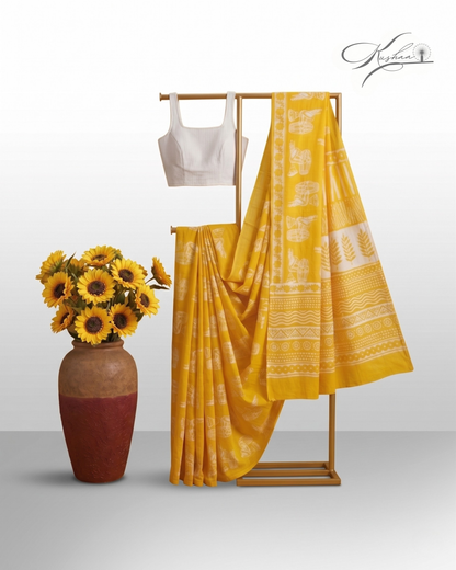 Mustard Yellow Cotton Mul Mul Saree With Blouse