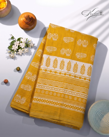 Mustard Yellow Cotton Mul Mul Saree With Blouse