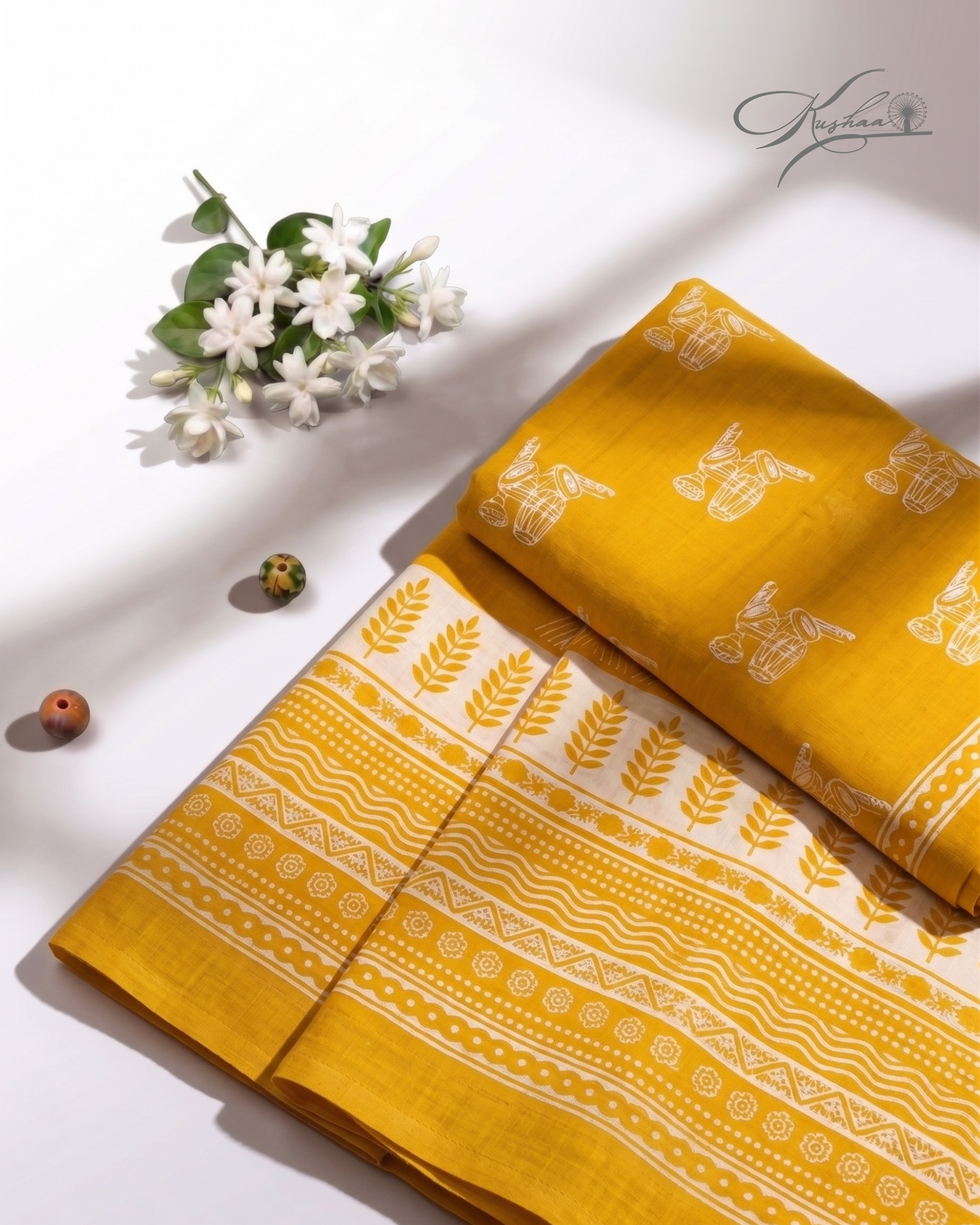 Mustard Yellow Cotton Mul Mul Saree With Blouse