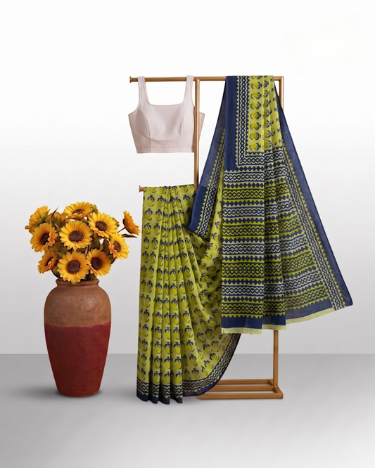 Lime Green Cotton Mul Mul Saree With Blouse