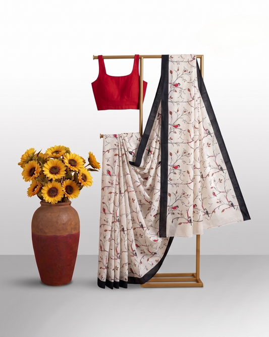 Off-White Cotton Mul Mul Saree With Blouse