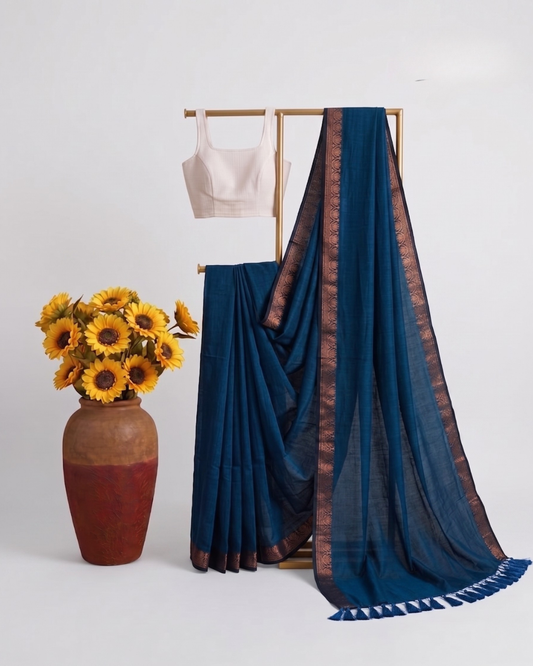 Teal Blue Cotton Mul Mul Saree With Blouse