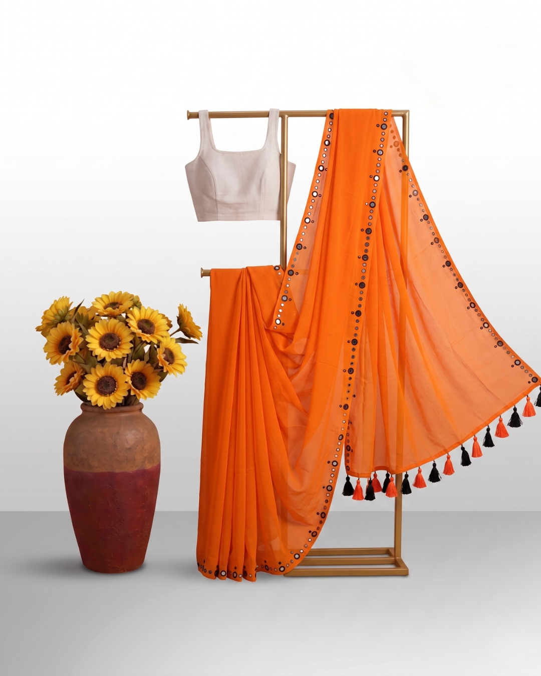 Tangerine Orange Cotton Mul Mul Saree With Blouse