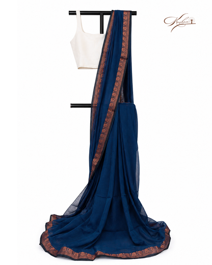 Teal Blue Cotton Mul Mul Saree With Blouse