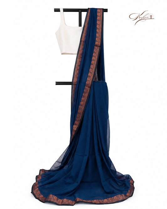 Teal Blue Cotton Mul Mul Saree With Blouse