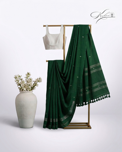 Dark Bottle Green Cotton Mul Mul Saree With Blouse