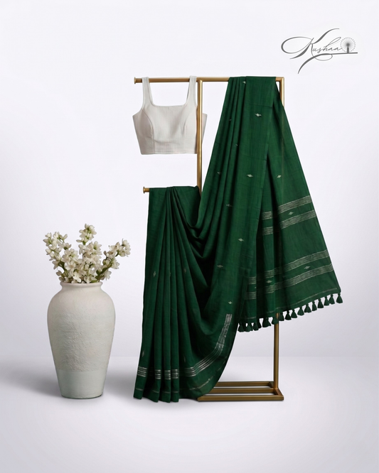 Dark Bottle Green Cotton Mul Mul Saree With Blouse