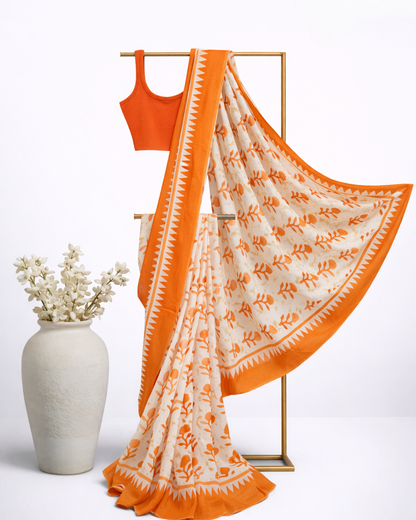 Orange Mul Mul Saree With Blouse