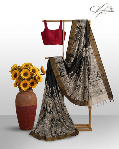 Black And Gold Cotton Mul Mul Saree With Blouse