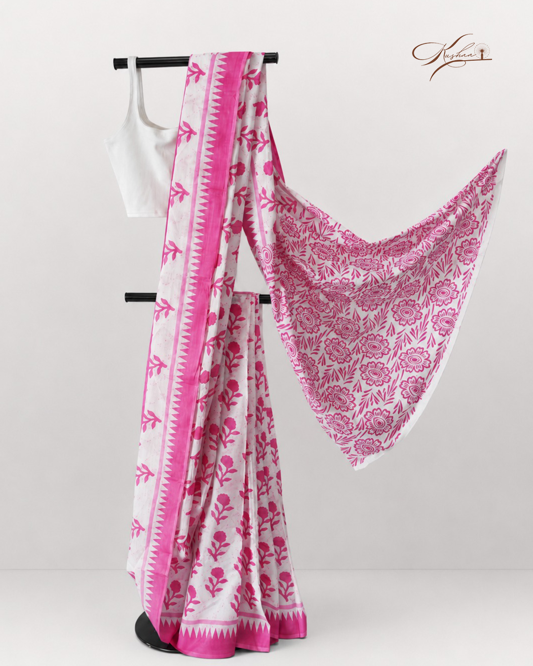 Pink Floral Print Cotton Mul Mul Saree with Blouse Piece