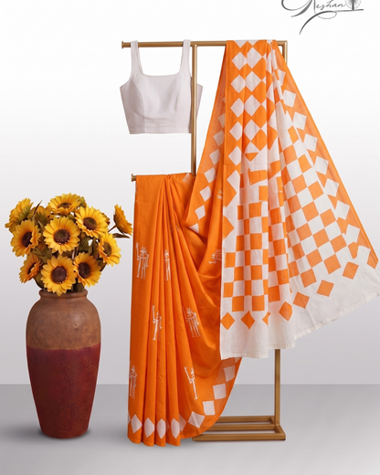 Orange Cotton Mul Mul Printed Saree with Blouse Piece
