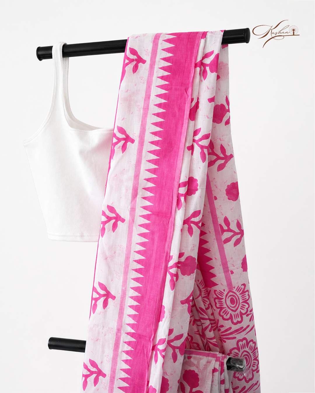 Pink Floral Print Cotton Mul Mul Saree with Blouse Piece