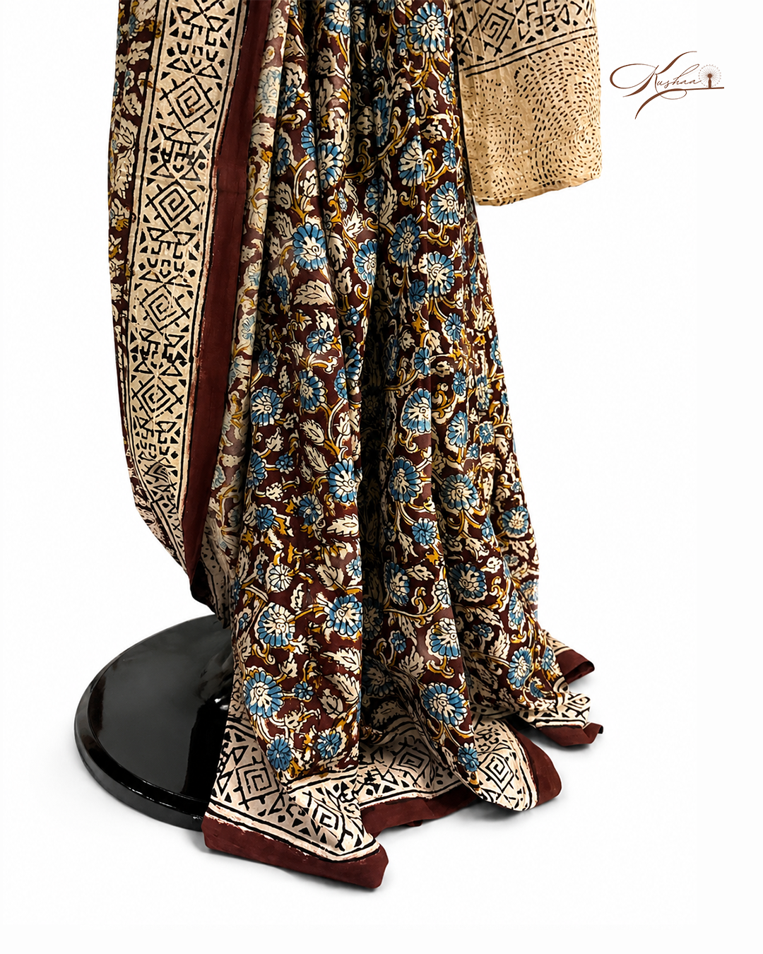 Elegant Brown Kalamkari Print Saree with Traditional Border