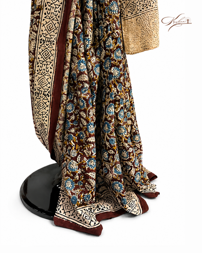 Elegant Brown Kalamkari Print Saree with Traditional Border