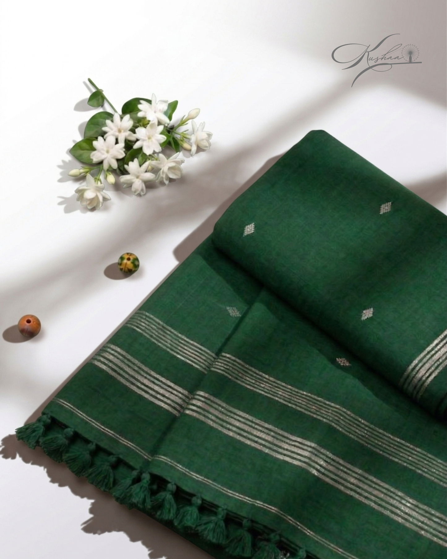 Dark Bottle Green Cotton Mul Mul Saree With Blouse