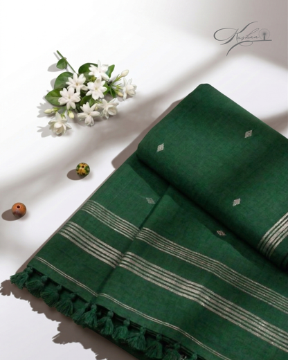 Dark Bottle Green Cotton Mul Mul Saree With Blouse