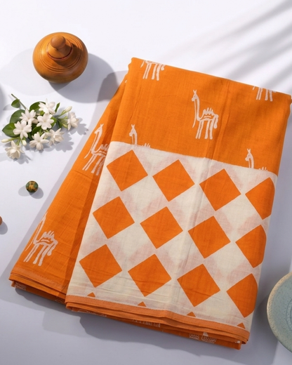Orange Cotton Mul Mul Printed Saree with Blouse Piece