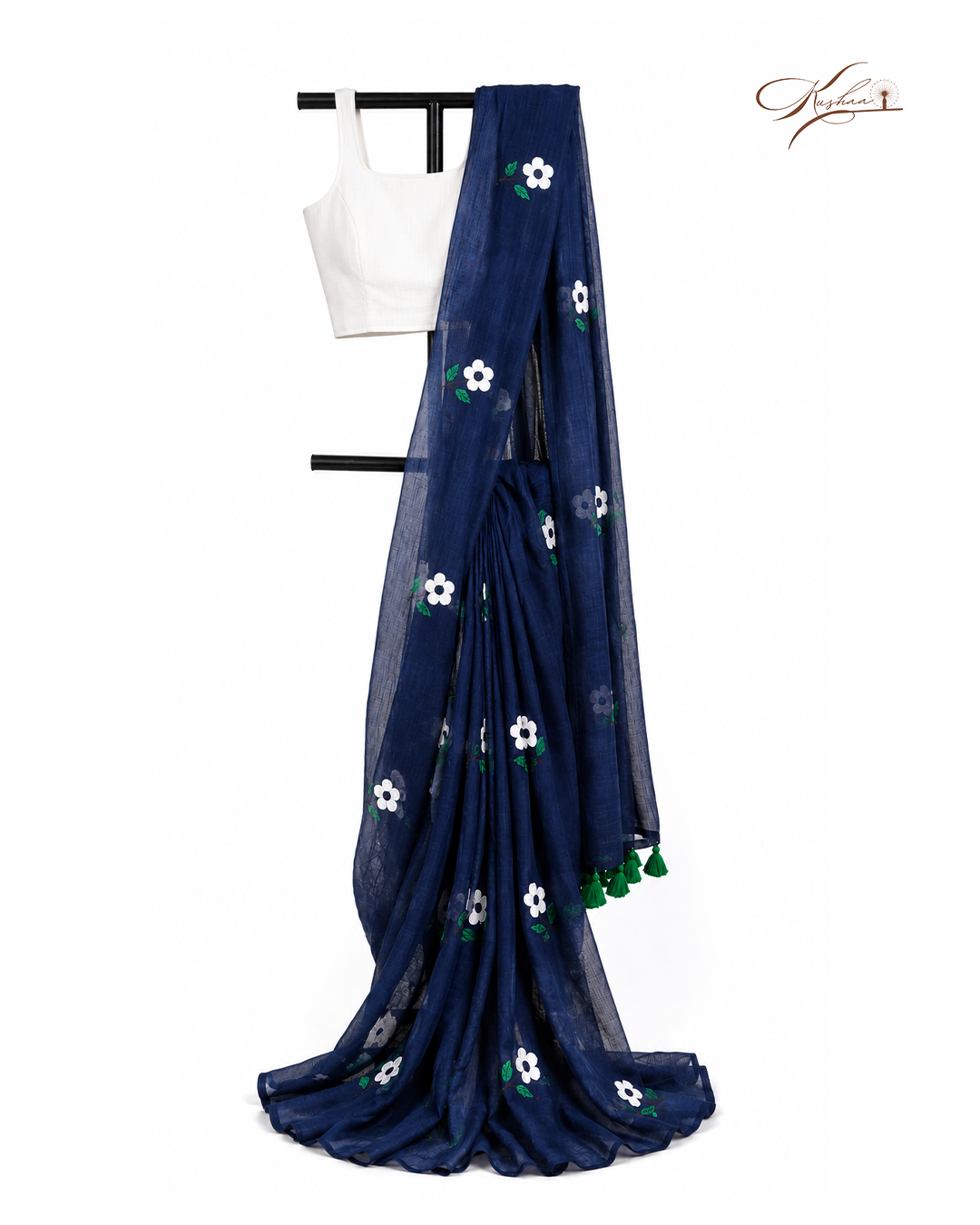 Elegant Navy Blue Mulmul Saree with Floral Embroidery & Green Tassel Border