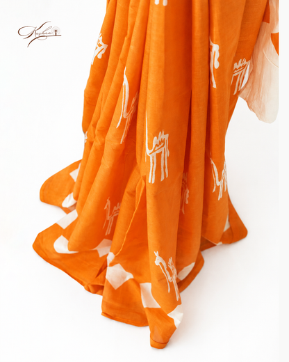 Orange Cotton Mul Mul Printed Saree with Blouse Piece