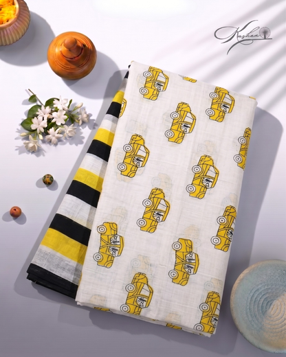 Stylish Off-White Mulmul Saree with Yellow Car Print & Striped Border