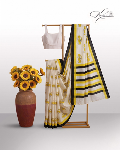 Stylish Off-White Mulmul Saree with Yellow Car Print & Striped Border