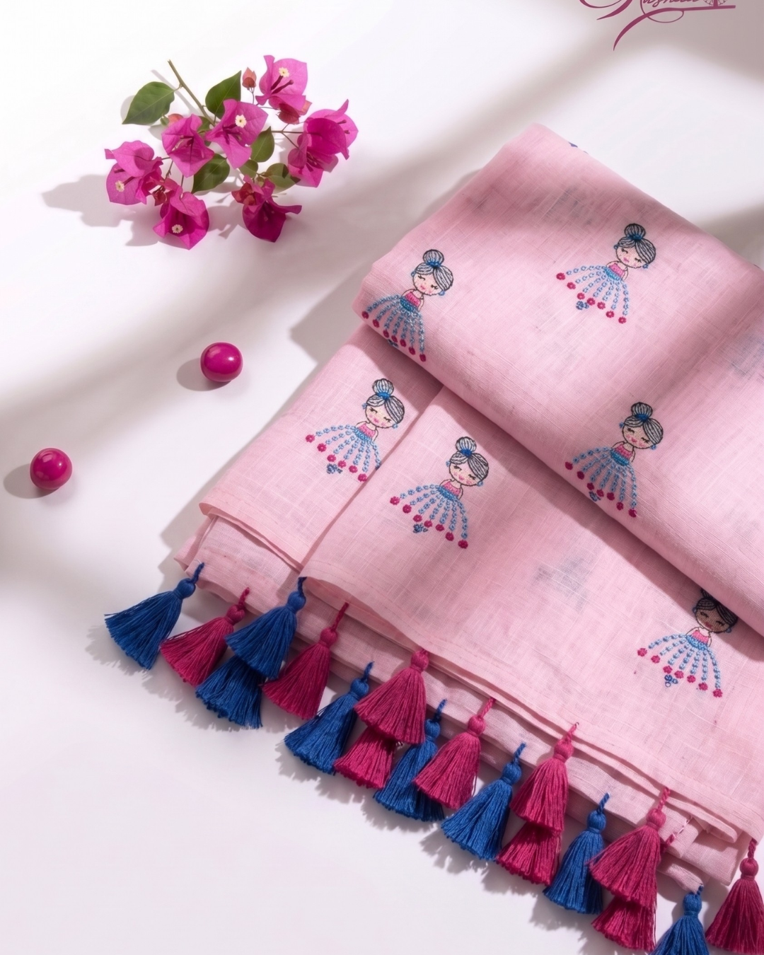 Elegant Pink Doll Print Cotton Saree with Tassel Border