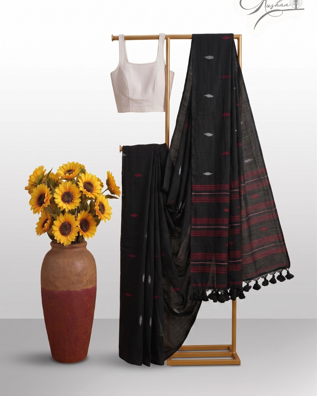 Black Cotton Mul Mul Saree with Tassel Border & Blouse Piece