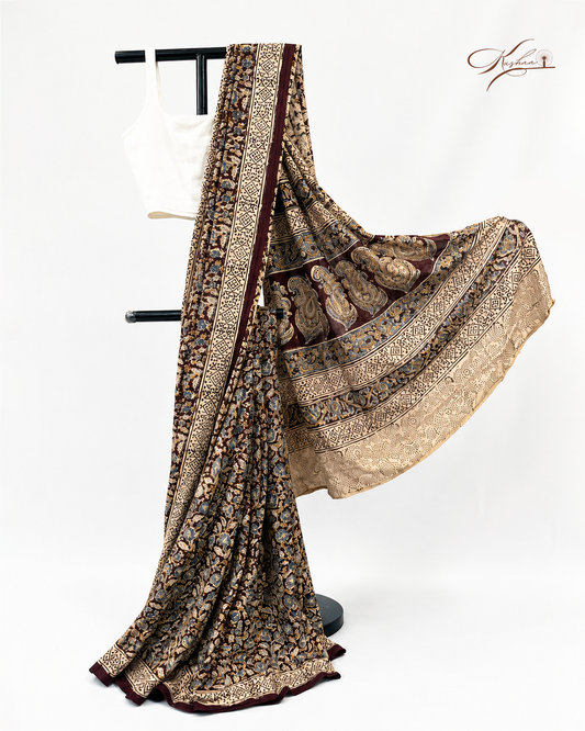 Elegant Brown Kalamkari Print Saree with Traditional Border