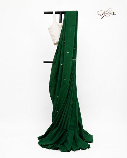 Dark Bottle Green Cotton Mul Mul Saree With Blouse