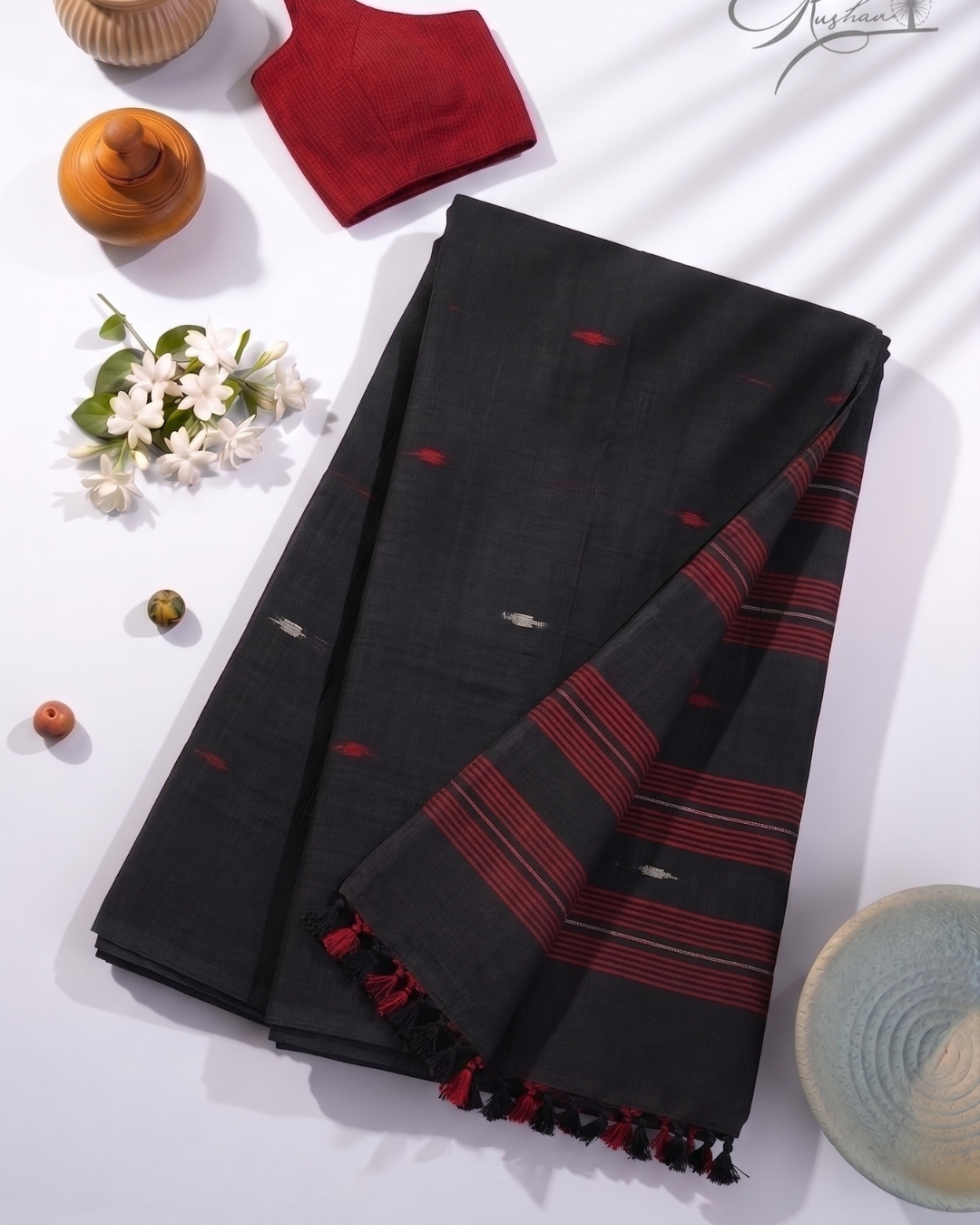 Black Cotton Mul Mul Saree with Tassel Border & Blouse Piece