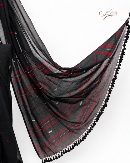 Black Cotton Mul Mul Saree with Tassel Border & Blouse Piece