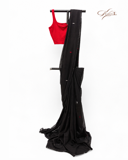 Black Cotton Mul Mul Saree with Tassel Border & Blouse Piece