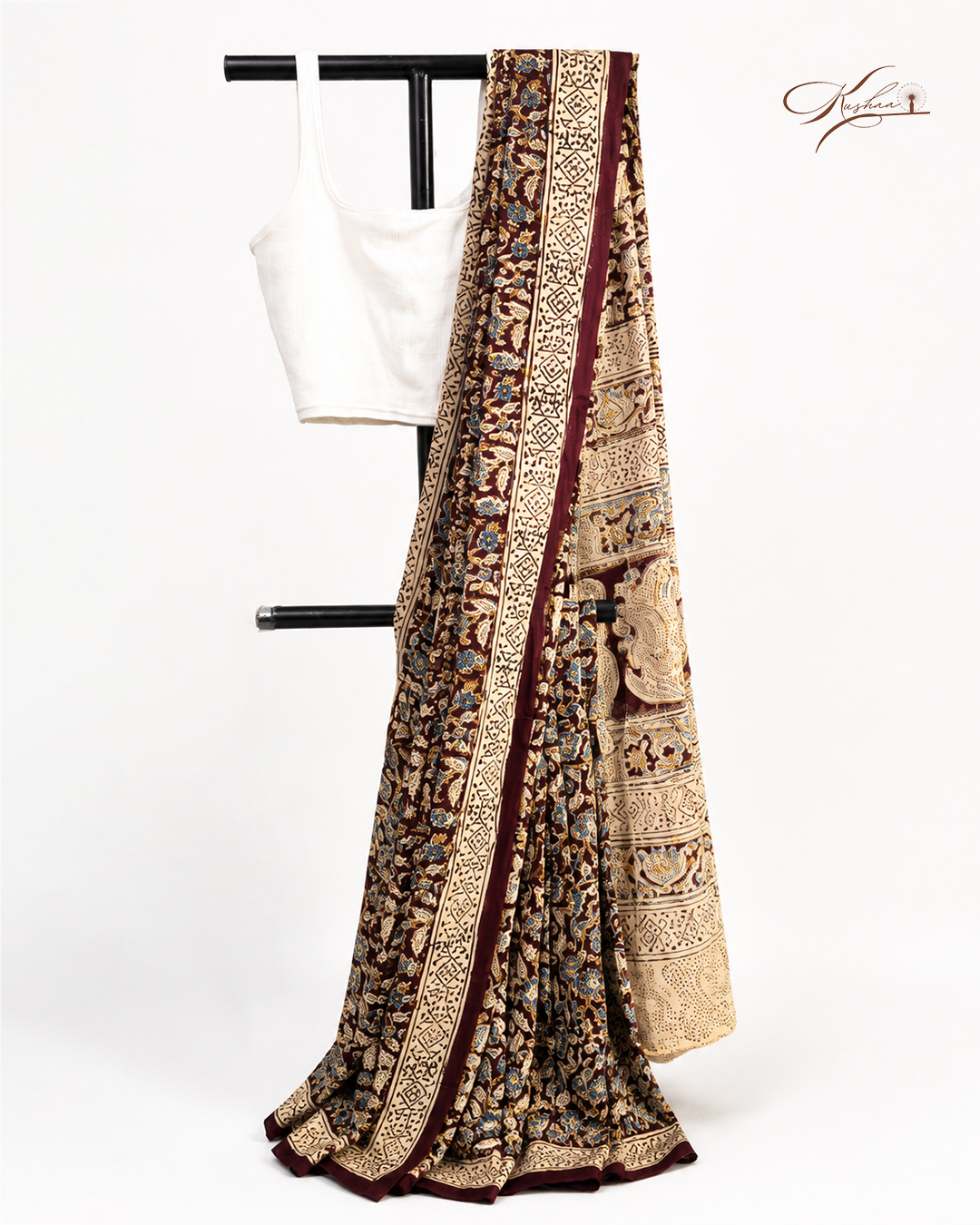 Elegant Brown Kalamkari Print Saree with Traditional Border