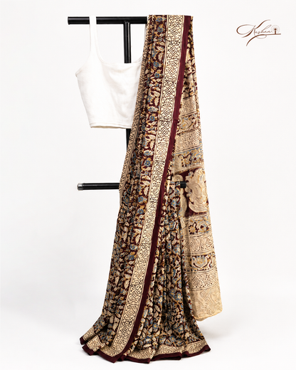 Elegant Brown Kalamkari Print Saree with Traditional Border