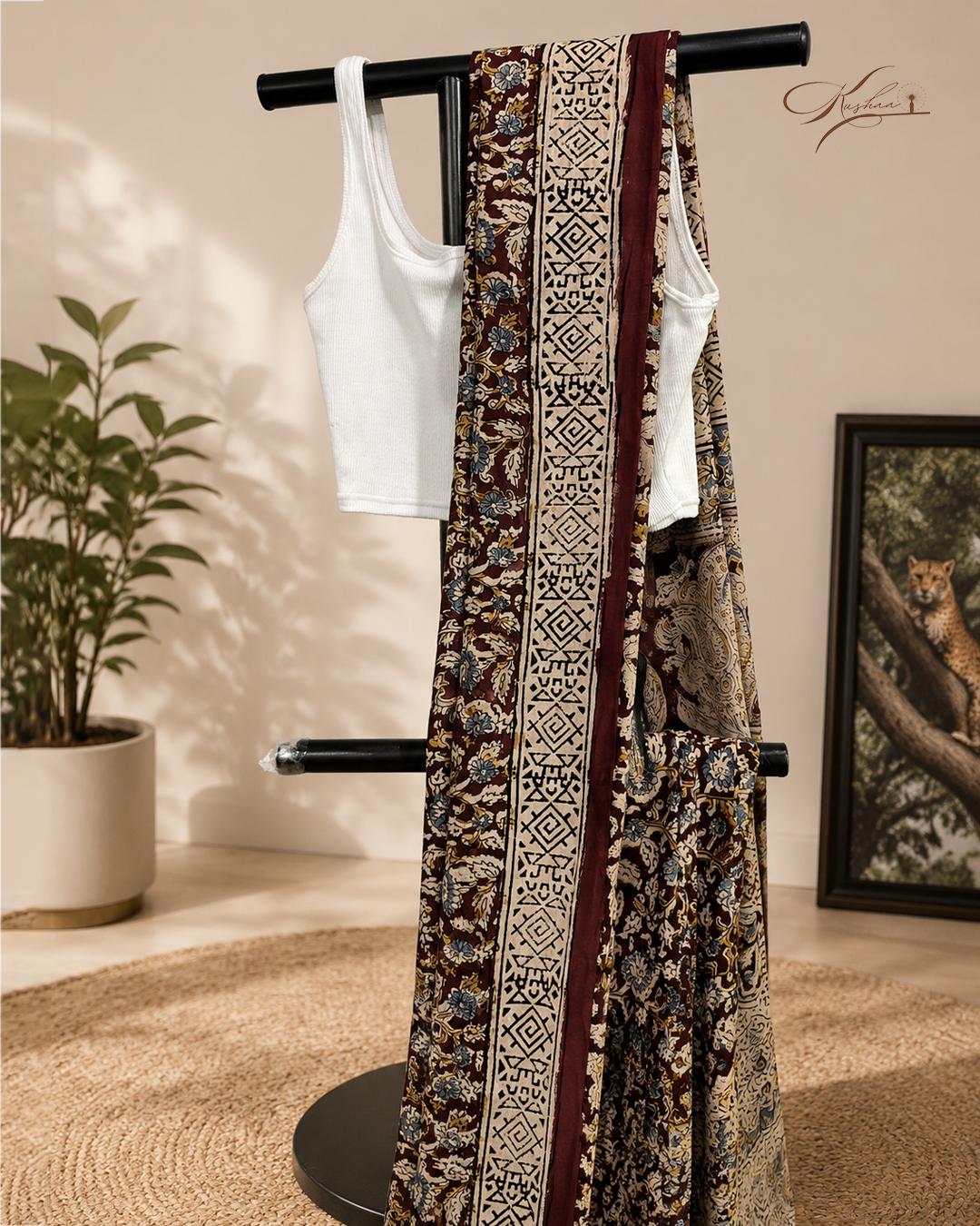 Elegant Brown Kalamkari Print Saree with Traditional Border