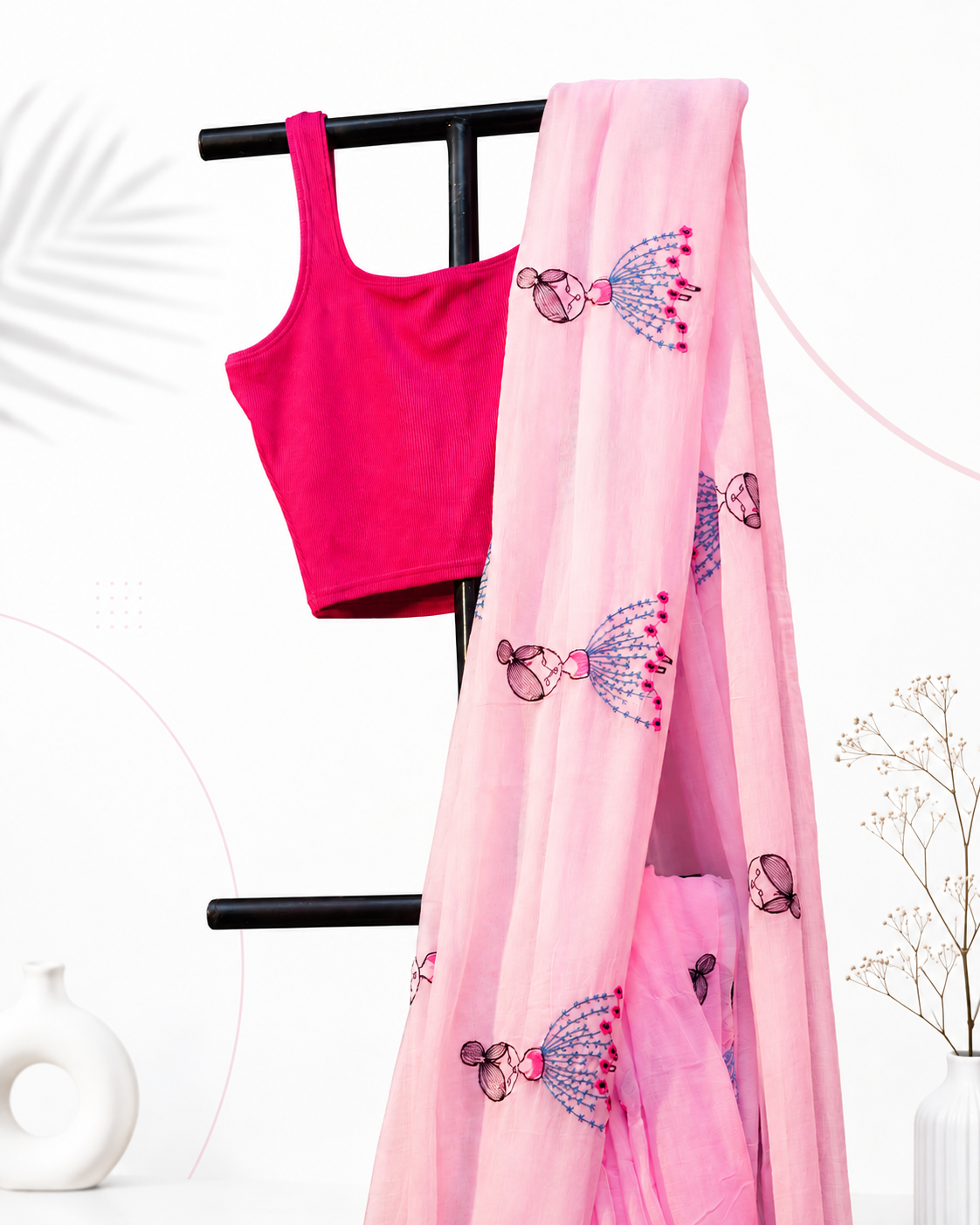 Elegant Pink Doll Print Cotton Saree with Tassel Border