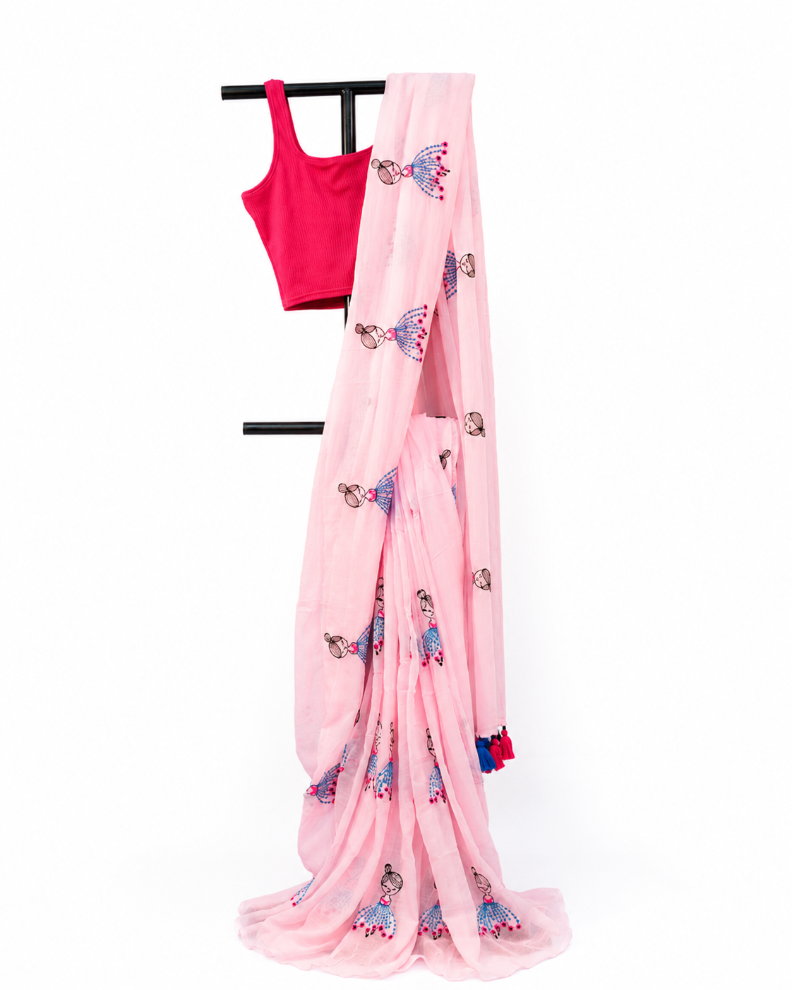Elegant Pink Doll Print Cotton Saree with Tassel Border