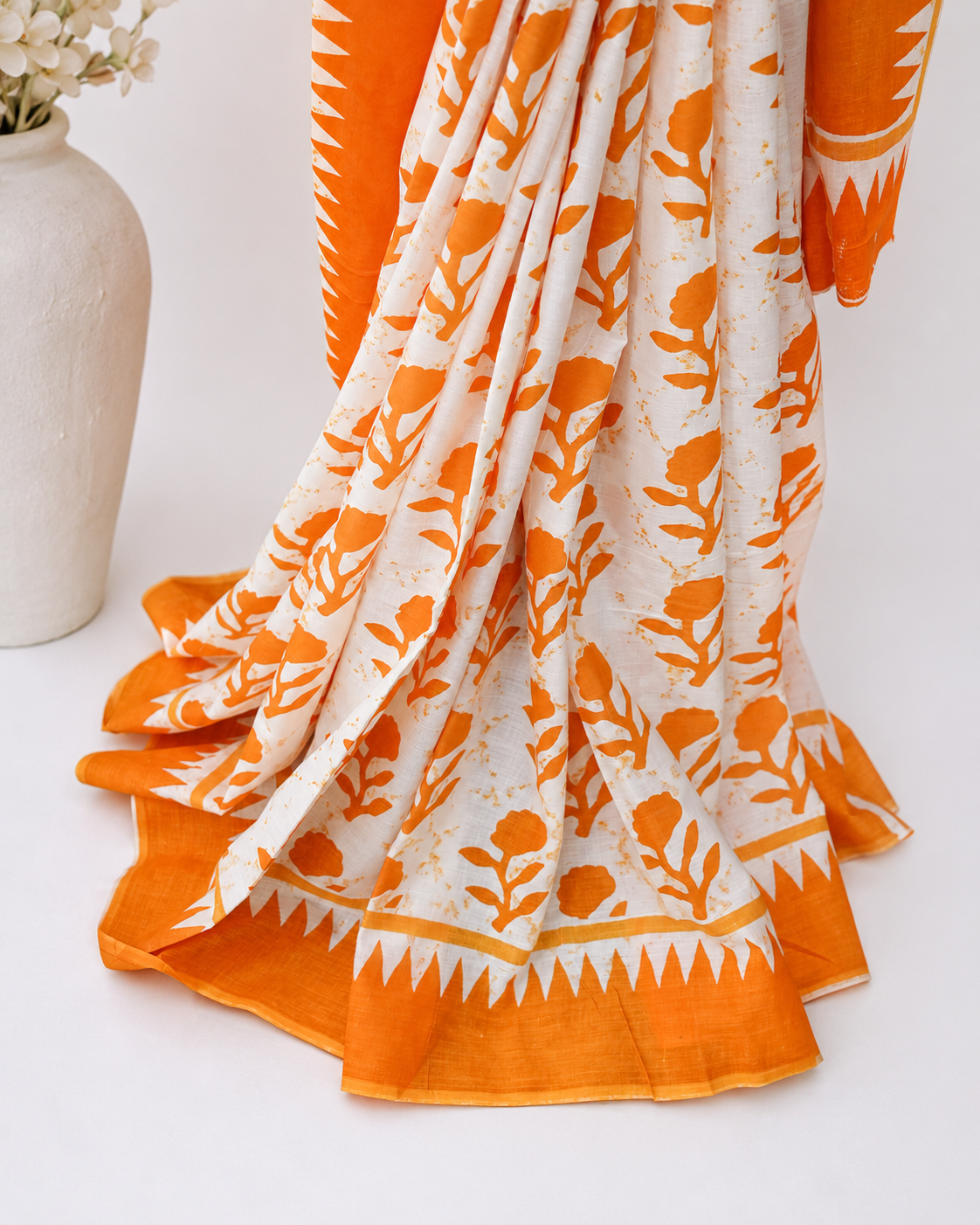 Orange Mul Mul Saree With Blouse