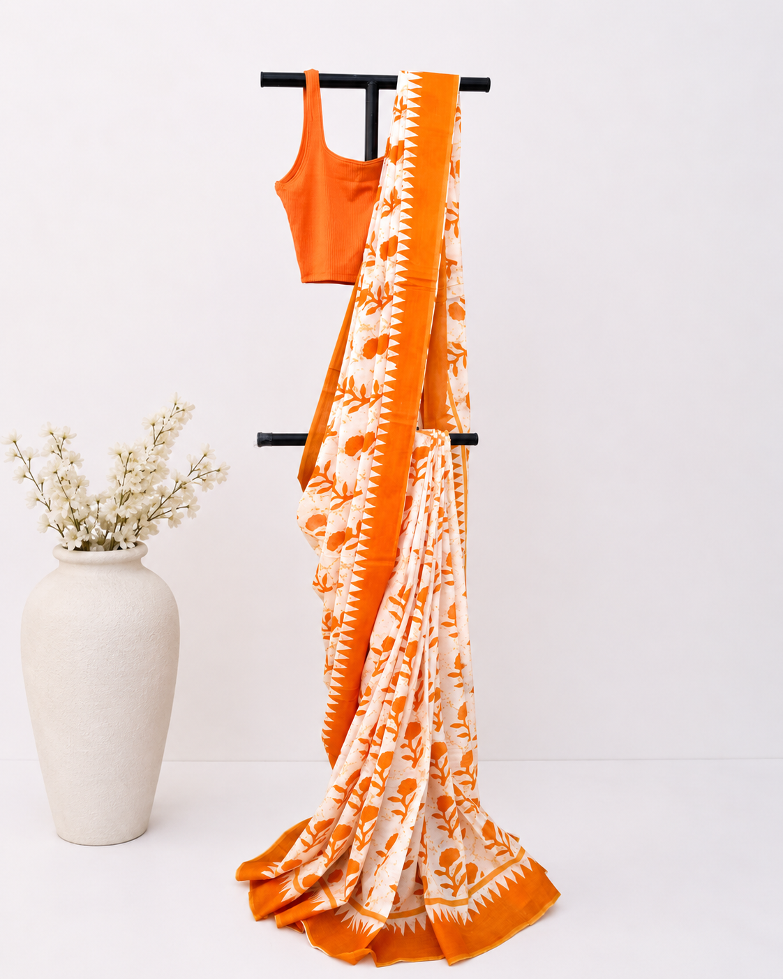 Orange Mul Mul Saree With Blouse