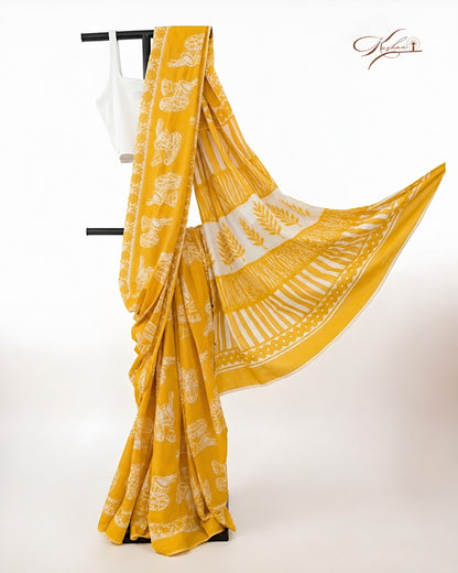 Mustard Yellow Cotton Mul Mul Saree With Blouse