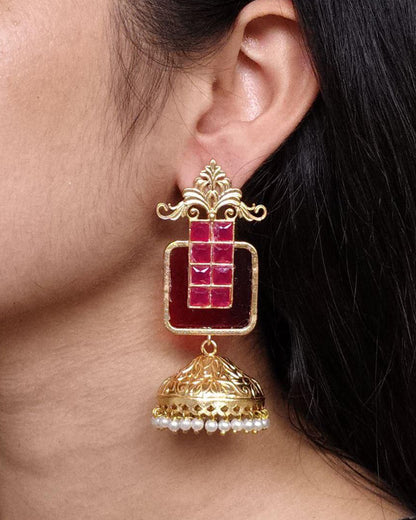 Affordable Traditional Gold Plated Floral Art Jhumka Earrings | Monalisa Stone & Pearl Work Jewelry
