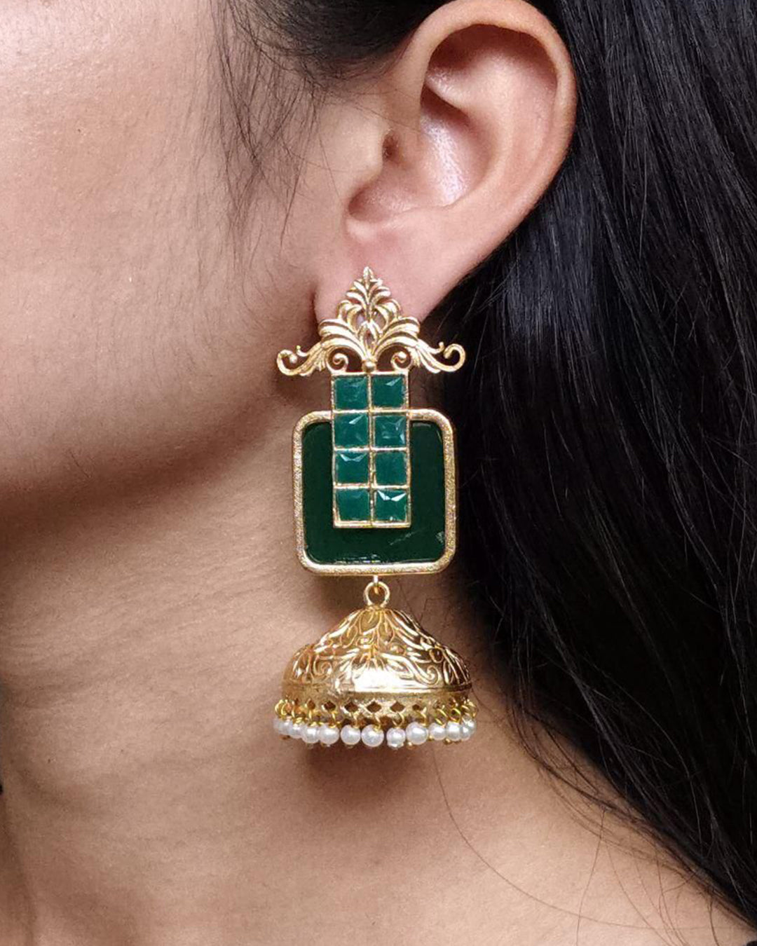 Affordable Traditional Gold Plated Floral Art Jhumka Earrings | Monalisa Stone & Pearl Work Jewelry