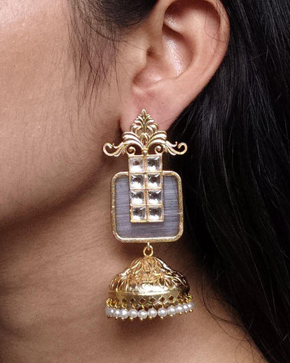 Affordable Traditional Gold Plated Floral Art Jhumka Earrings | Monalisa Stone & Pearl Work Jewelry