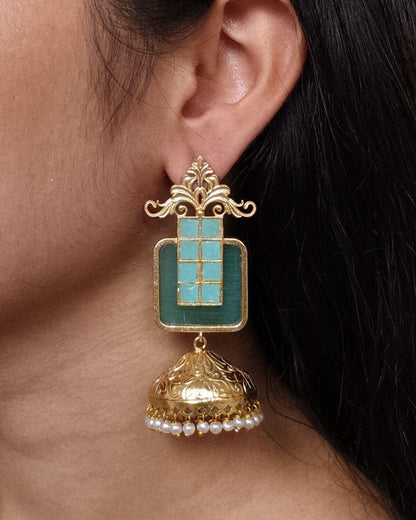 Affordable Traditional Gold Plated Floral Art Jhumka Earrings | Monalisa Stone & Pearl Work Jewelry