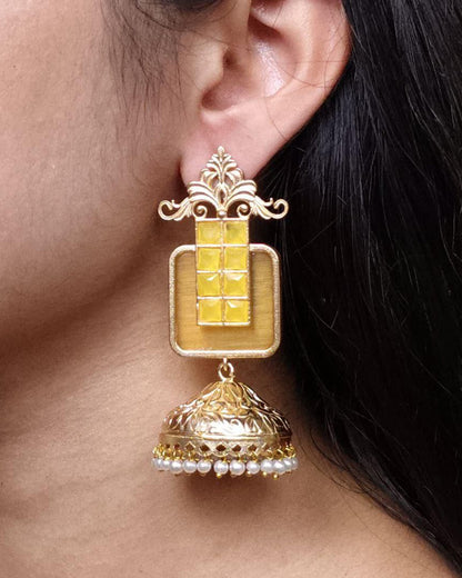 Affordable Traditional Gold Plated Floral Art Jhumka Earrings | Monalisa Stone & Pearl Work Jewelry